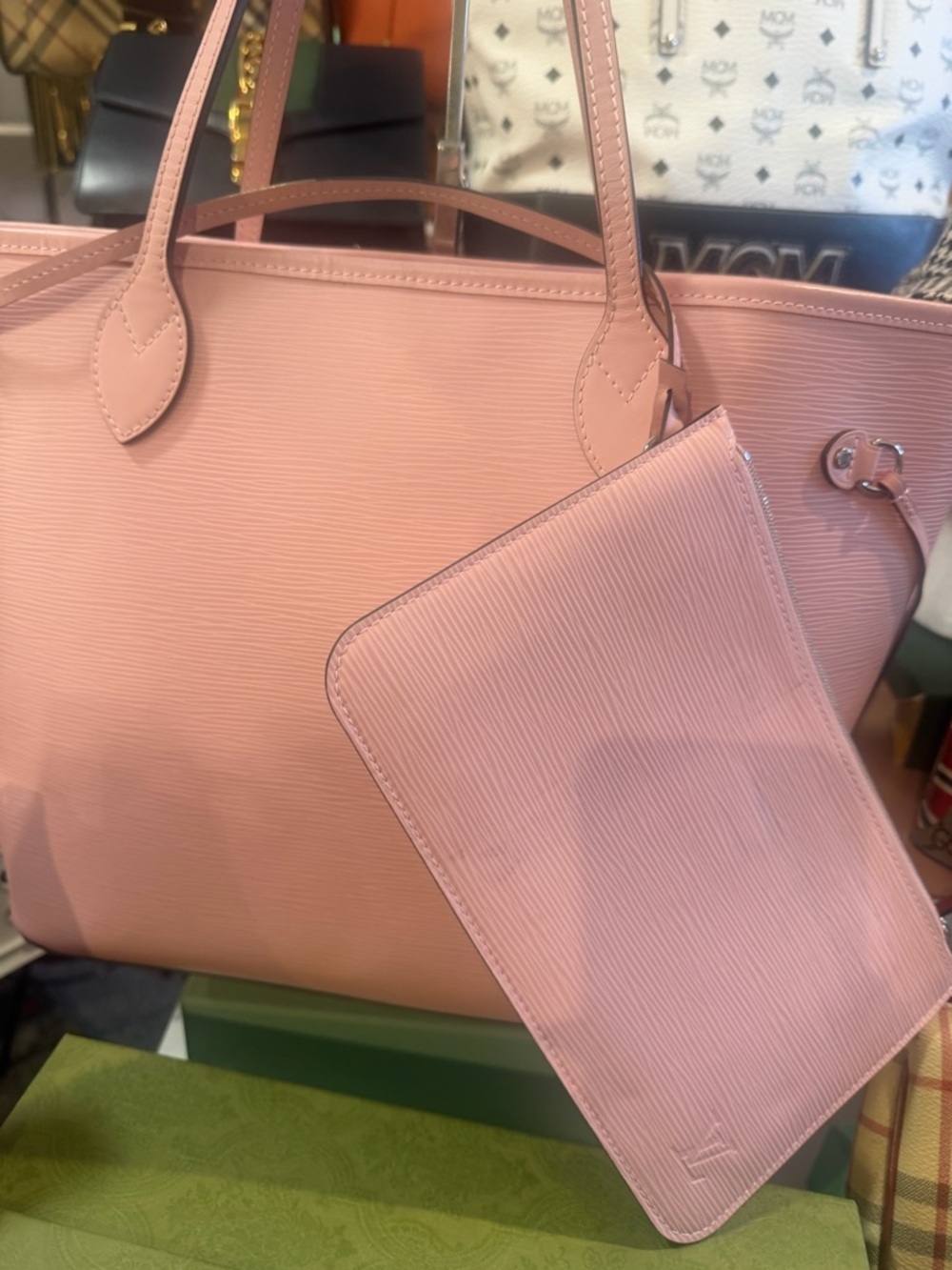 Authentic Louis Vuitton Neverfull Rose Epi Leather Tote with Wristlet Pouch